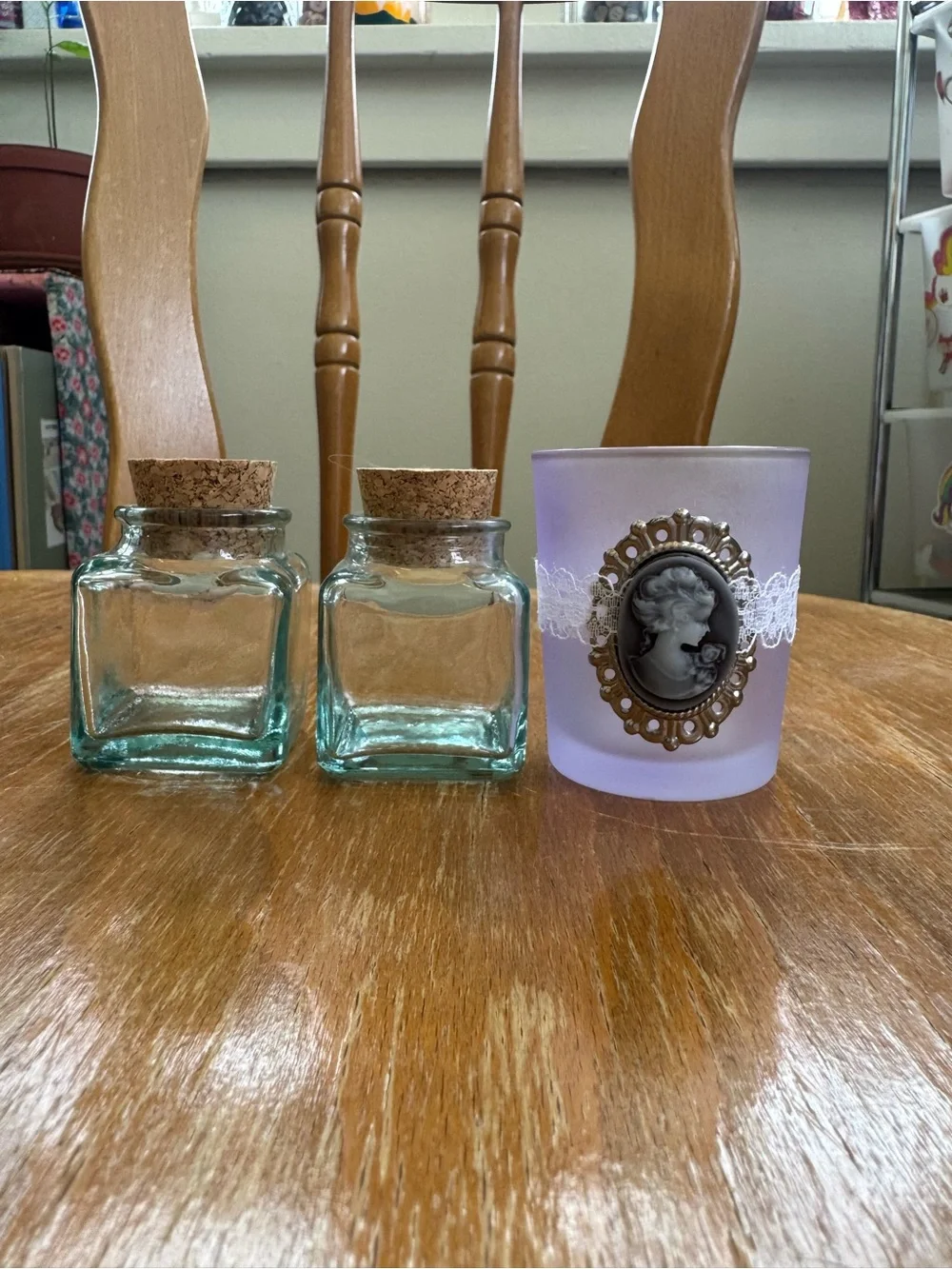 Set of 2 Mini Glasses Jars and 1 Votive Candle Holder.
